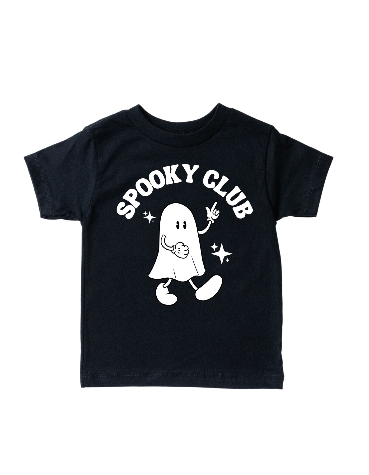 Close up of Spooky Club graphic tee in black cotton