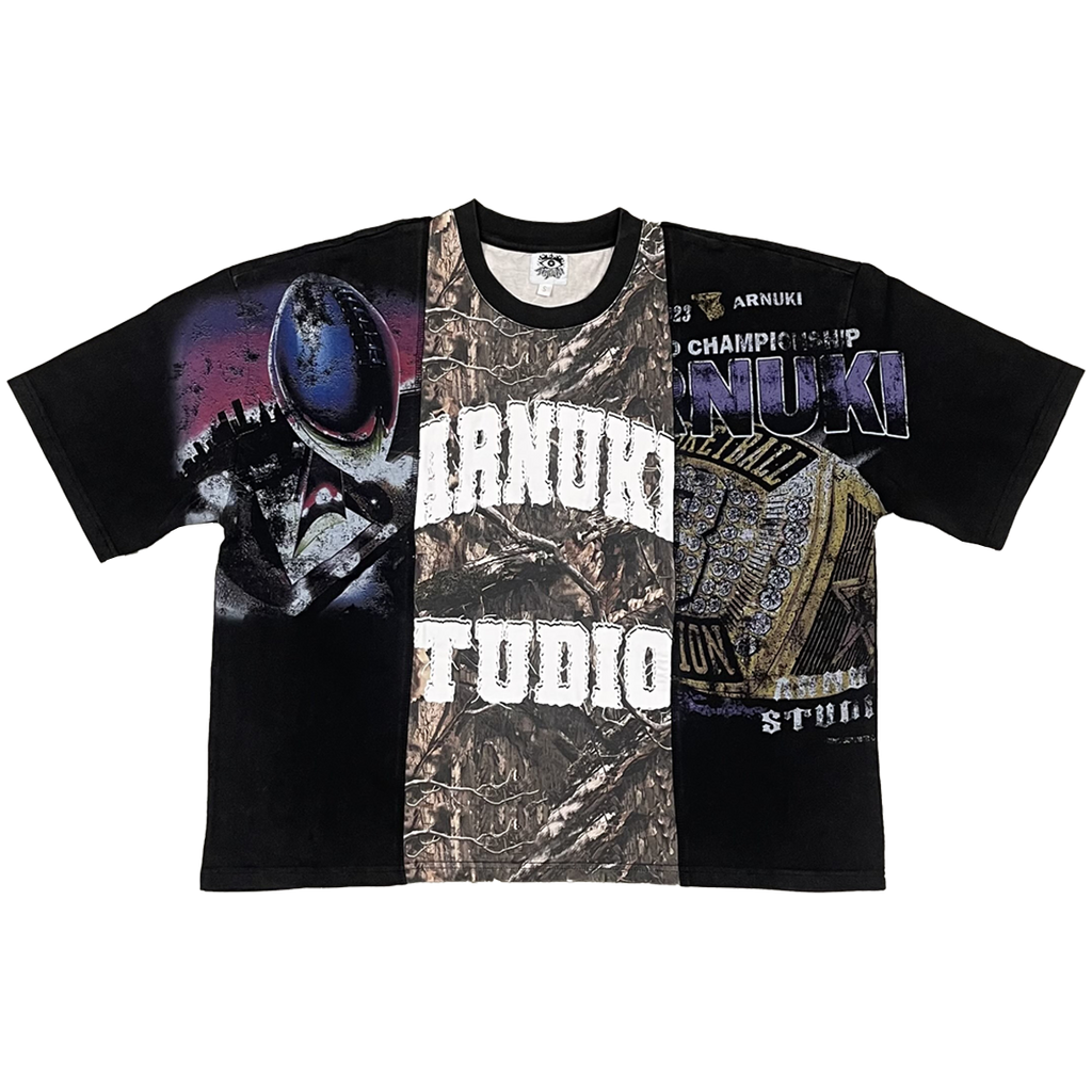 Front and back view of a three-panel cropped boxy streetwear t-shirt with camo print and graphic design