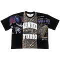 Front and back view of a three-panel cropped boxy streetwear t-shirt with camo print and graphic design
