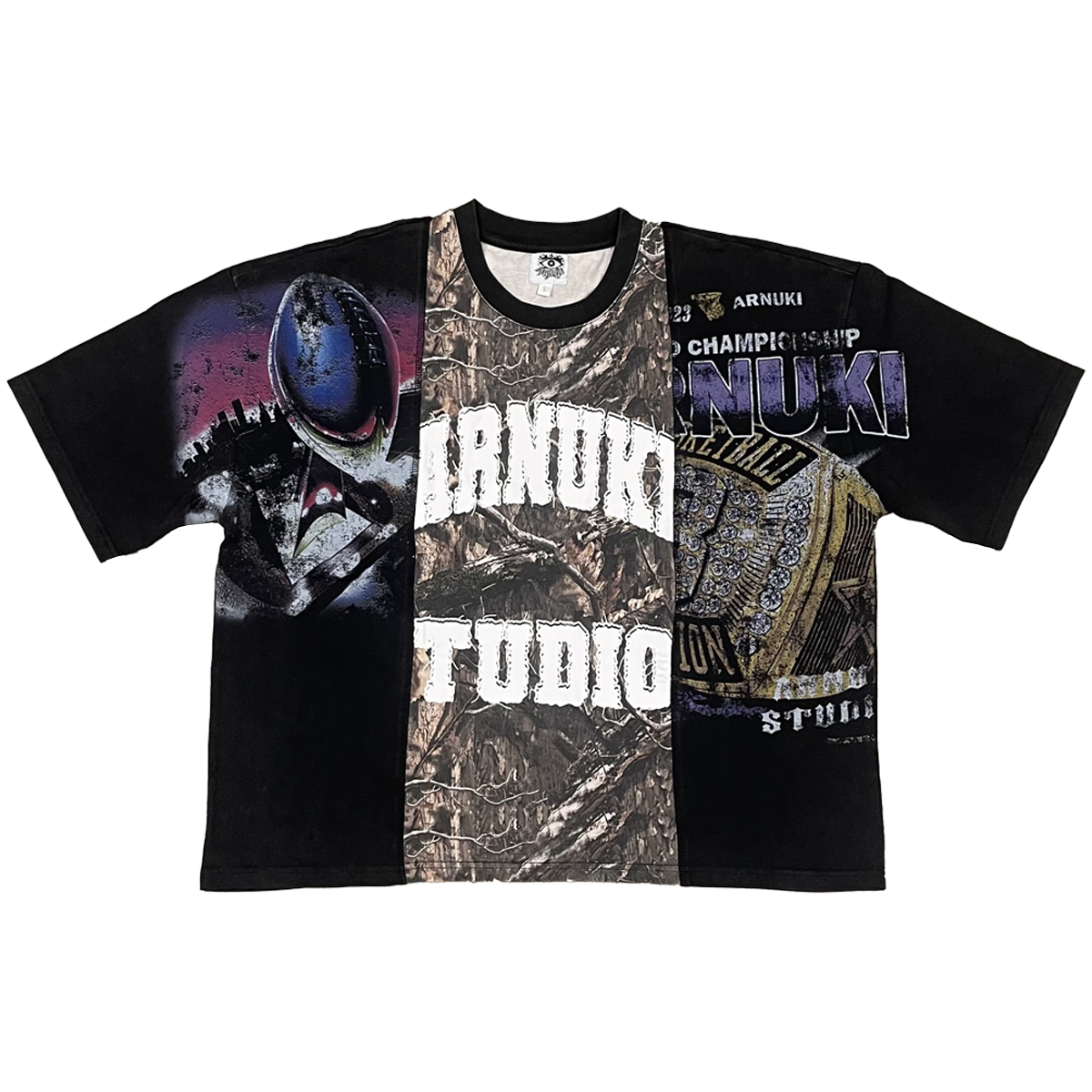 Front and back view of a three-panel cropped boxy streetwear t-shirt with camo print and graphic design
