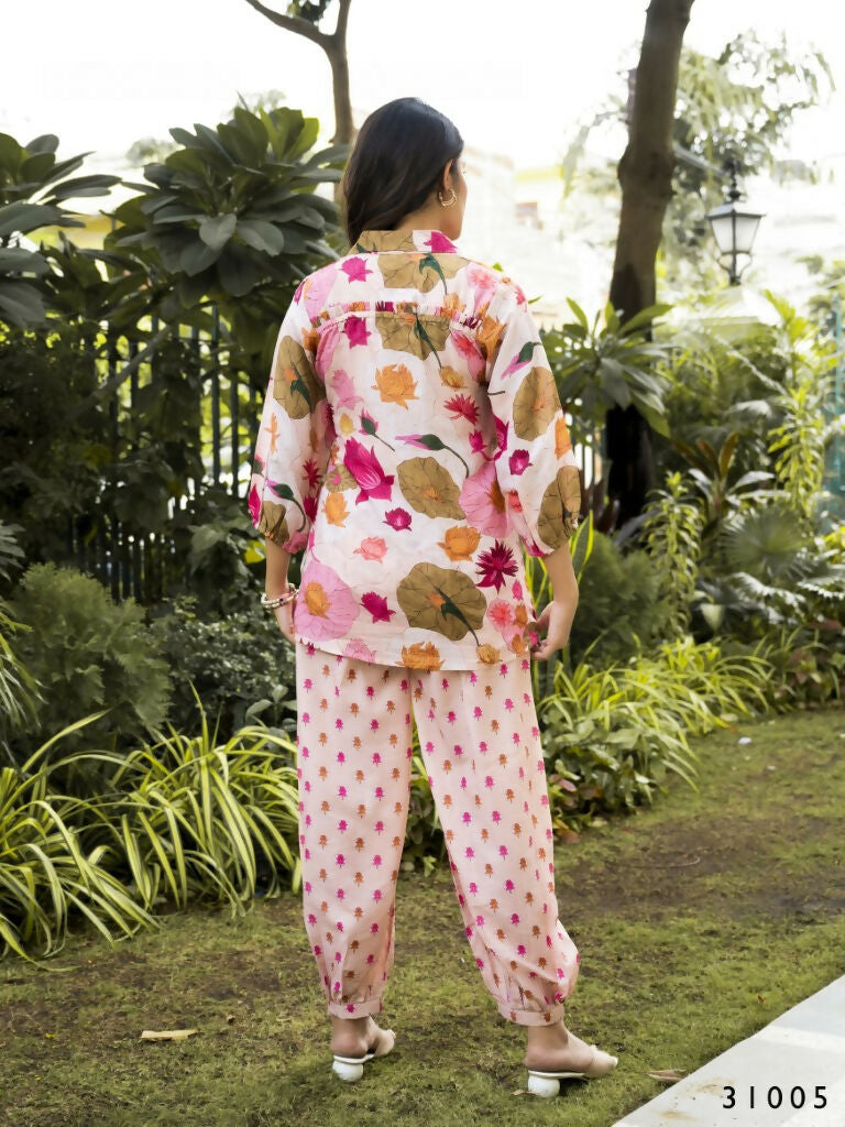 Multi Muslin Cotton Co-ord Set with Floral Print and Collared Top