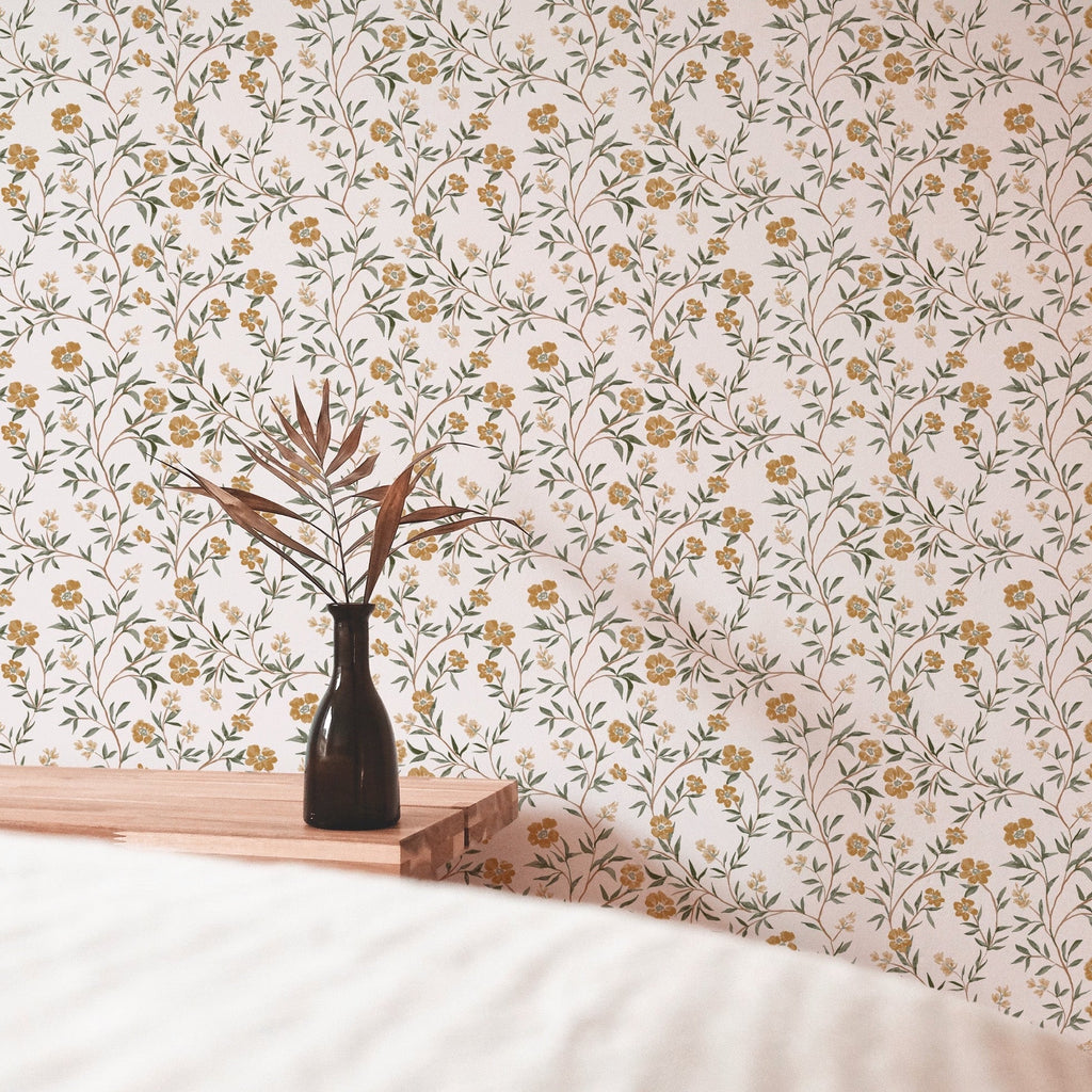 Prim Floral Removable Wallpaper - Mustard-Yellow & Sage-Green