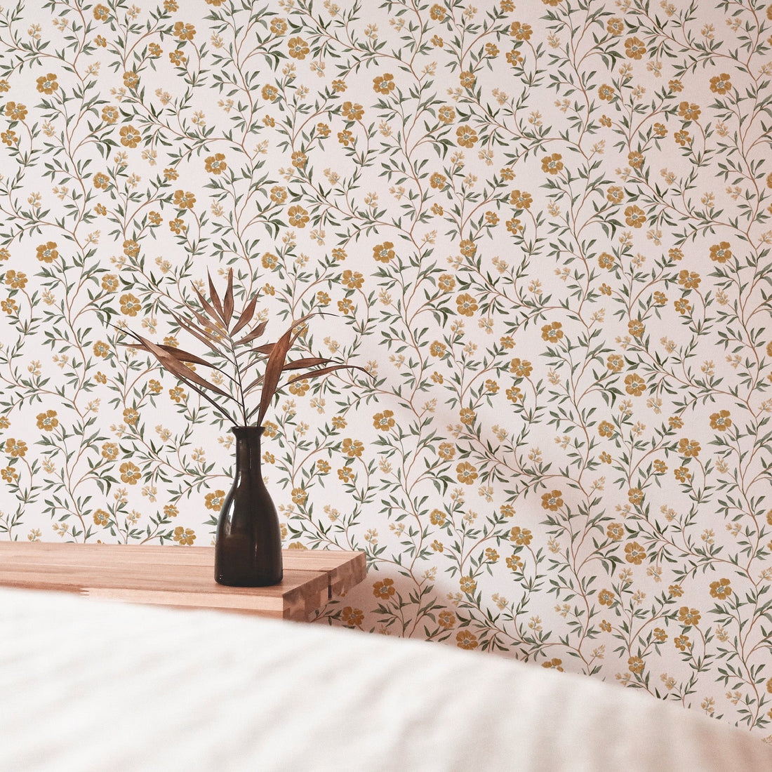 Prim Floral Removable Wallpaper - Mustard-Yellow & Sage-Green