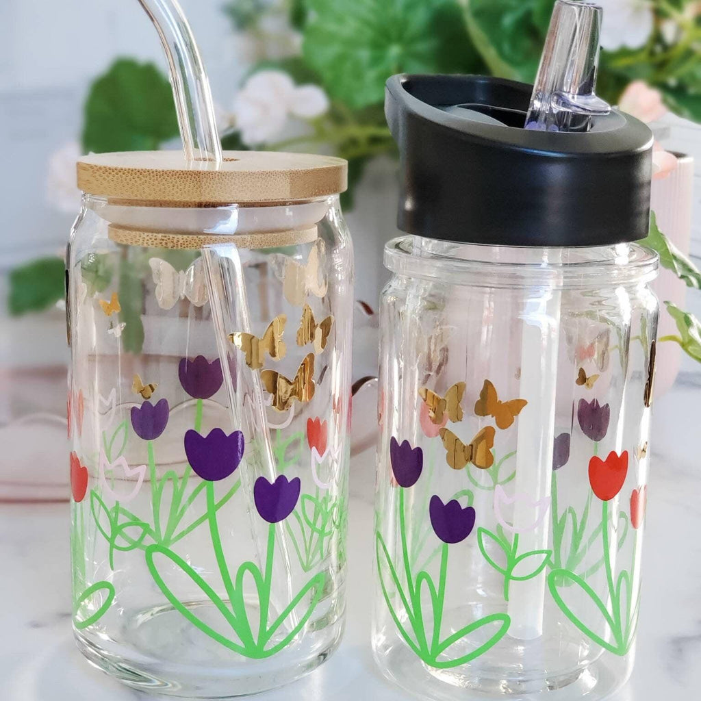 Springtime Flowers Glass Can Cup