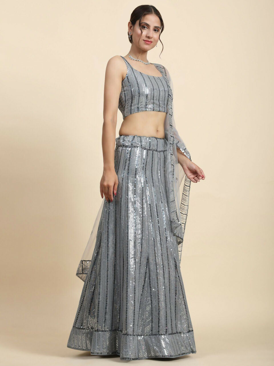 Classy Grey Faux Georgette Sequins Embroidery Lehenga Choli