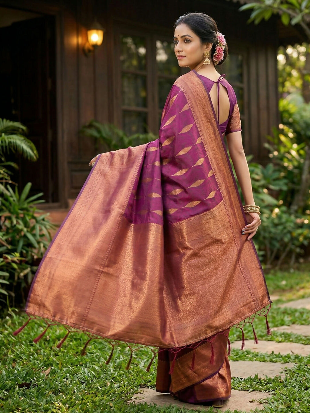 Purple Silk Blend Saree with Matching Unstitched Blouse Piece