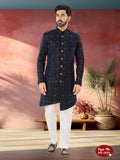 Men's blue velvet Indo-Western kurta set featuring intricate thread and sequence embroidery.