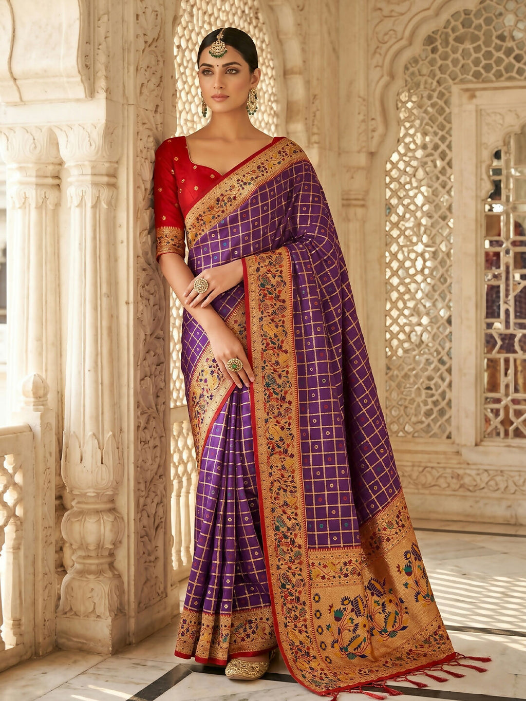 Purple Banarasi Silk Blend Saree with Intricate Weave