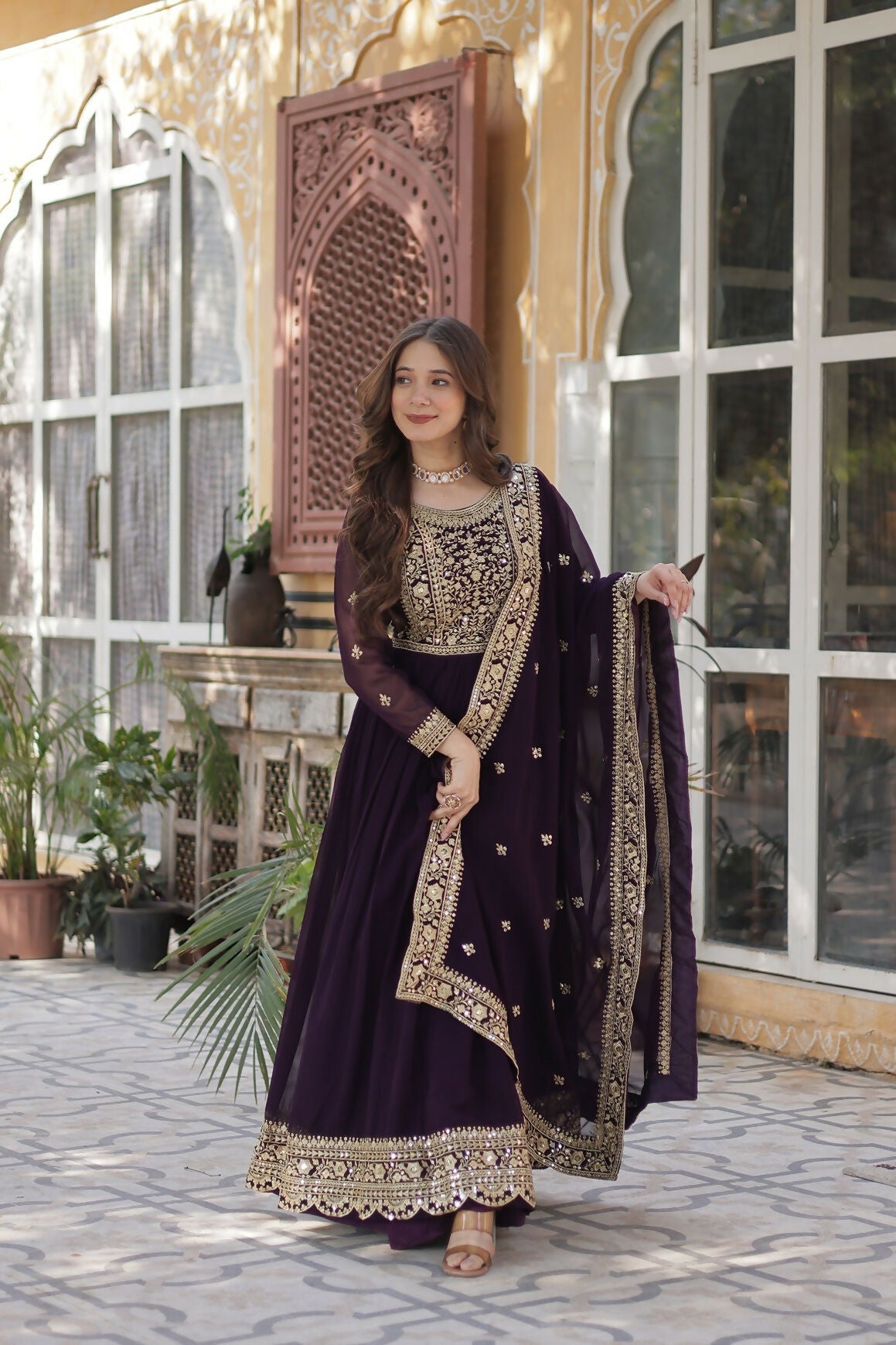 Joban Fashion Wine Georgette Sequence Embroidery Work Kurta Set