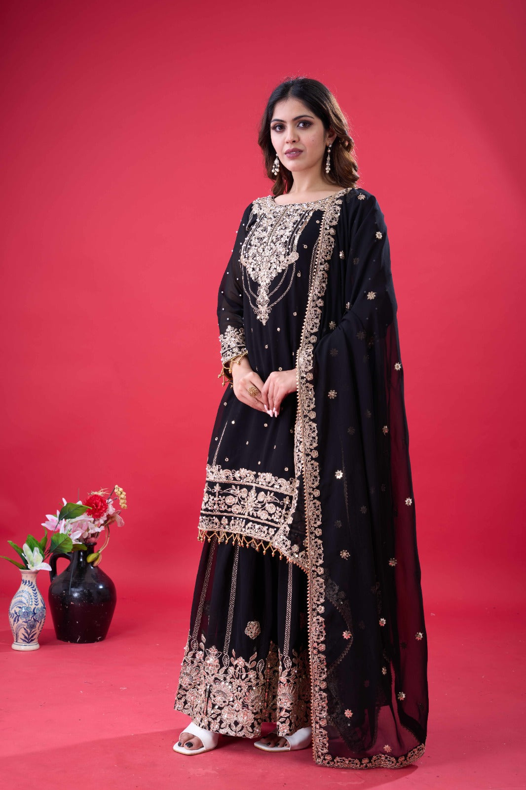 Black Georgette Palazzo Suit with Rivet Moti and Dori Work