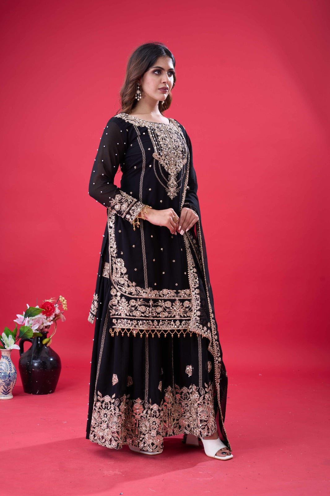 Black Georgette Palazzo Suit with Rivet Moti and Dori Work