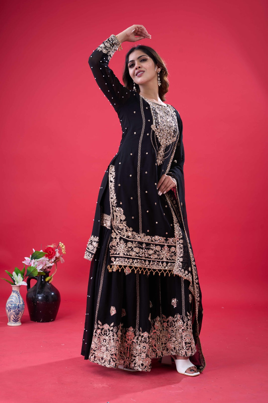 Black Georgette Palazzo Suit with Rivet Moti and Dori Work