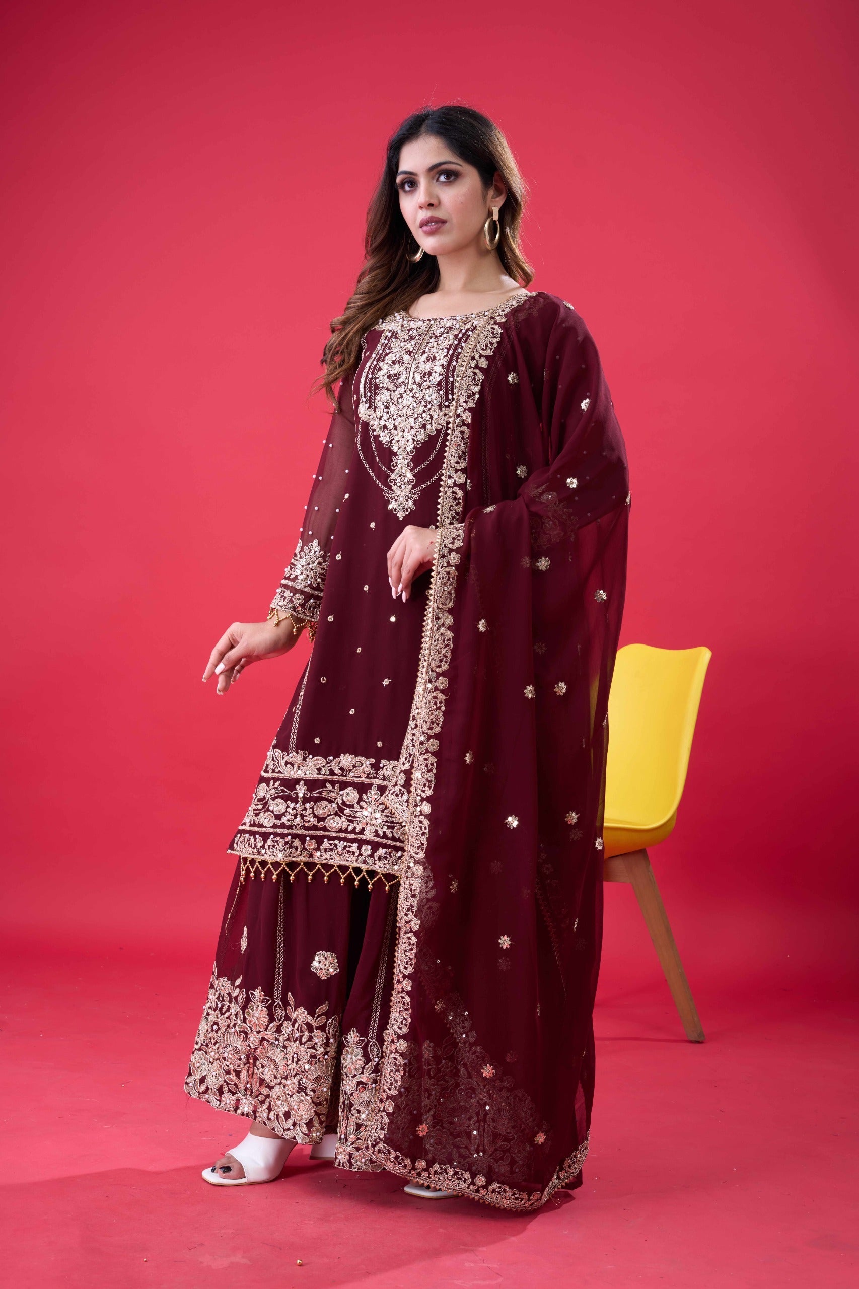 Coffee Georgette Embroidered Palazzo Suit with Rivet Moti Work