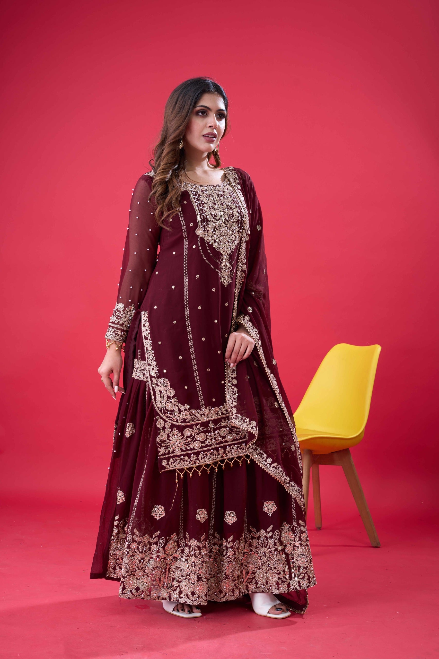 Coffee Georgette Embroidered Palazzo Suit with Rivet Moti Work