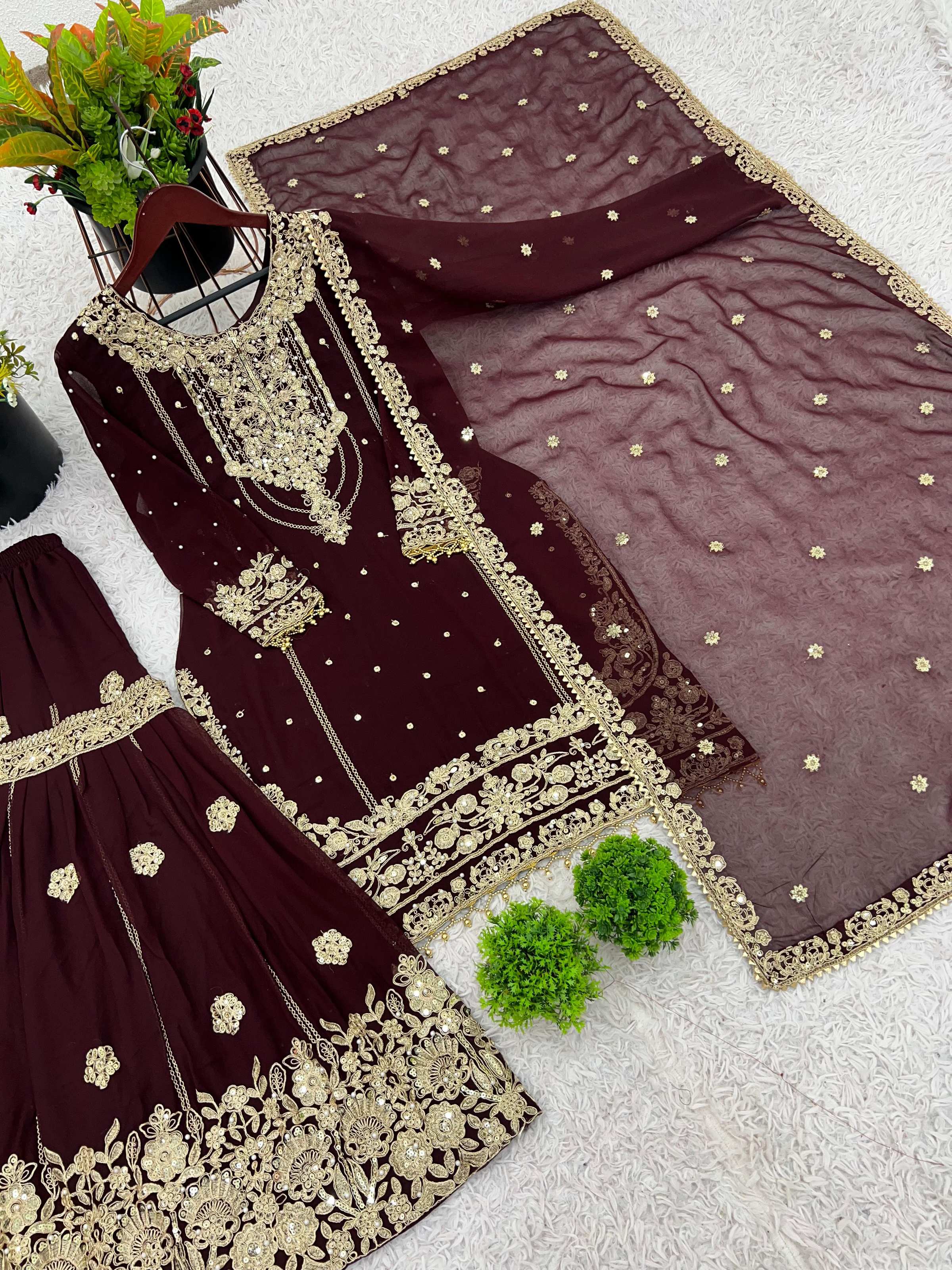 Coffee Georgette Embroidered Palazzo Suit with Rivet Moti Work