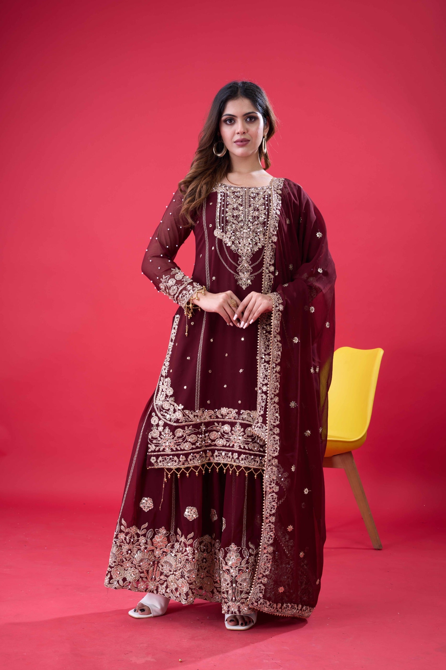 Prazu Fashion Coffee Georgette Embroidered Rivet Moti Work Palazzo Suit