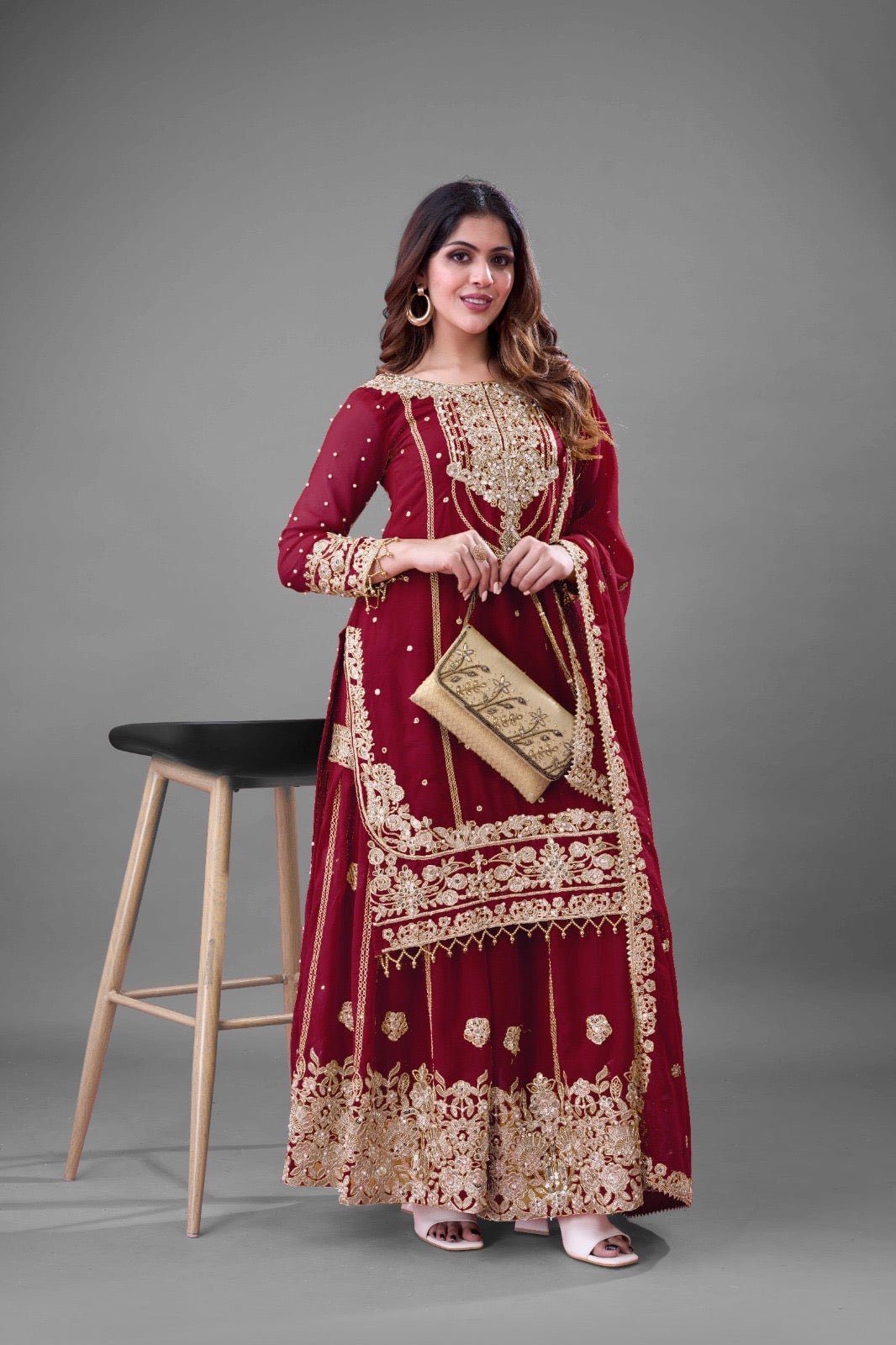 Maroon Georgette Embroidered Palazzo Suit with Moti Work
