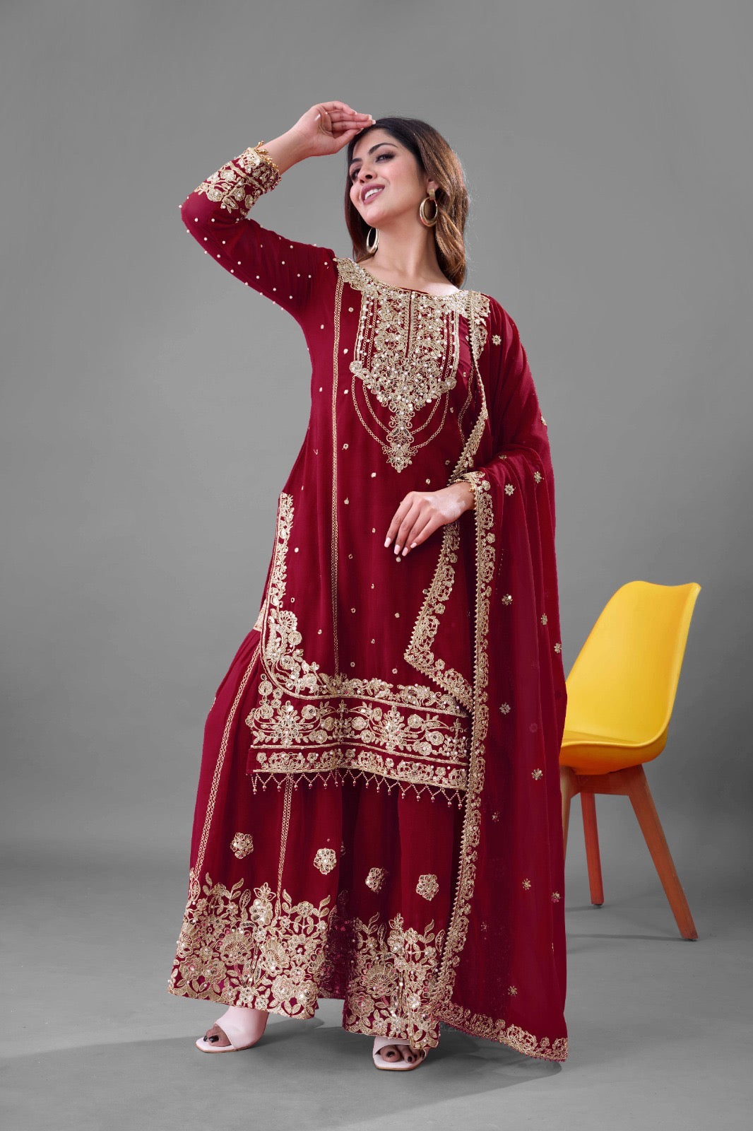 Maroon Georgette Embroidered Palazzo Suit with Moti Work