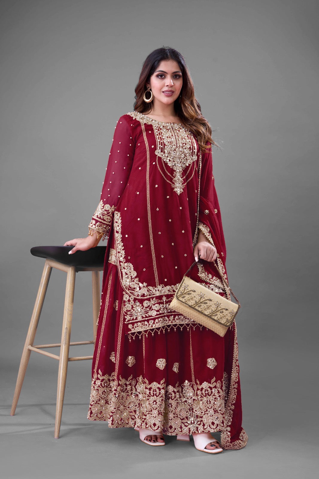 Maroon Georgette Embroidered Palazzo Suit with Moti Work