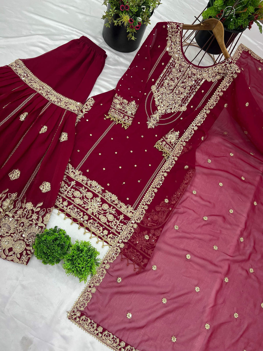 Maroon Georgette Palazzo Suit with Embroidery and Dori Work
