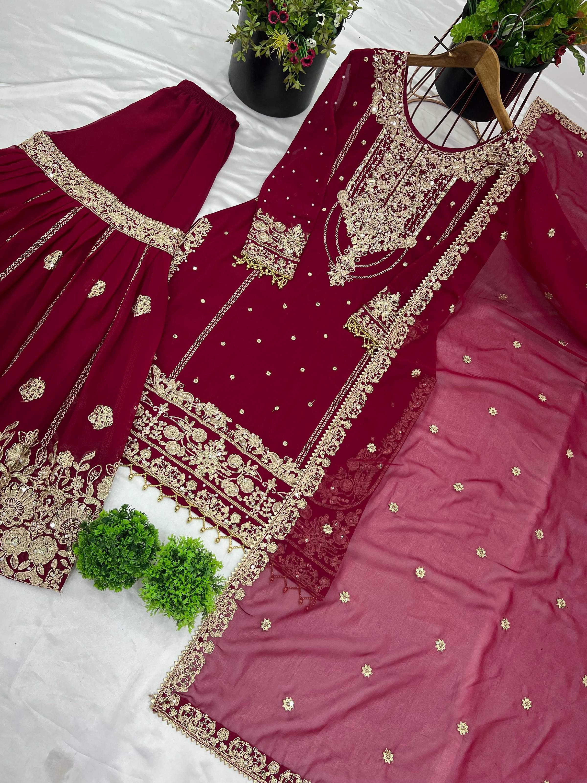 Maroon Georgette Palazzo Suit with Embroidery and Dori Work
