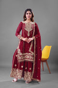Maroon Faux Georgette Palazzo Suit with heavy embroidery and Moti work