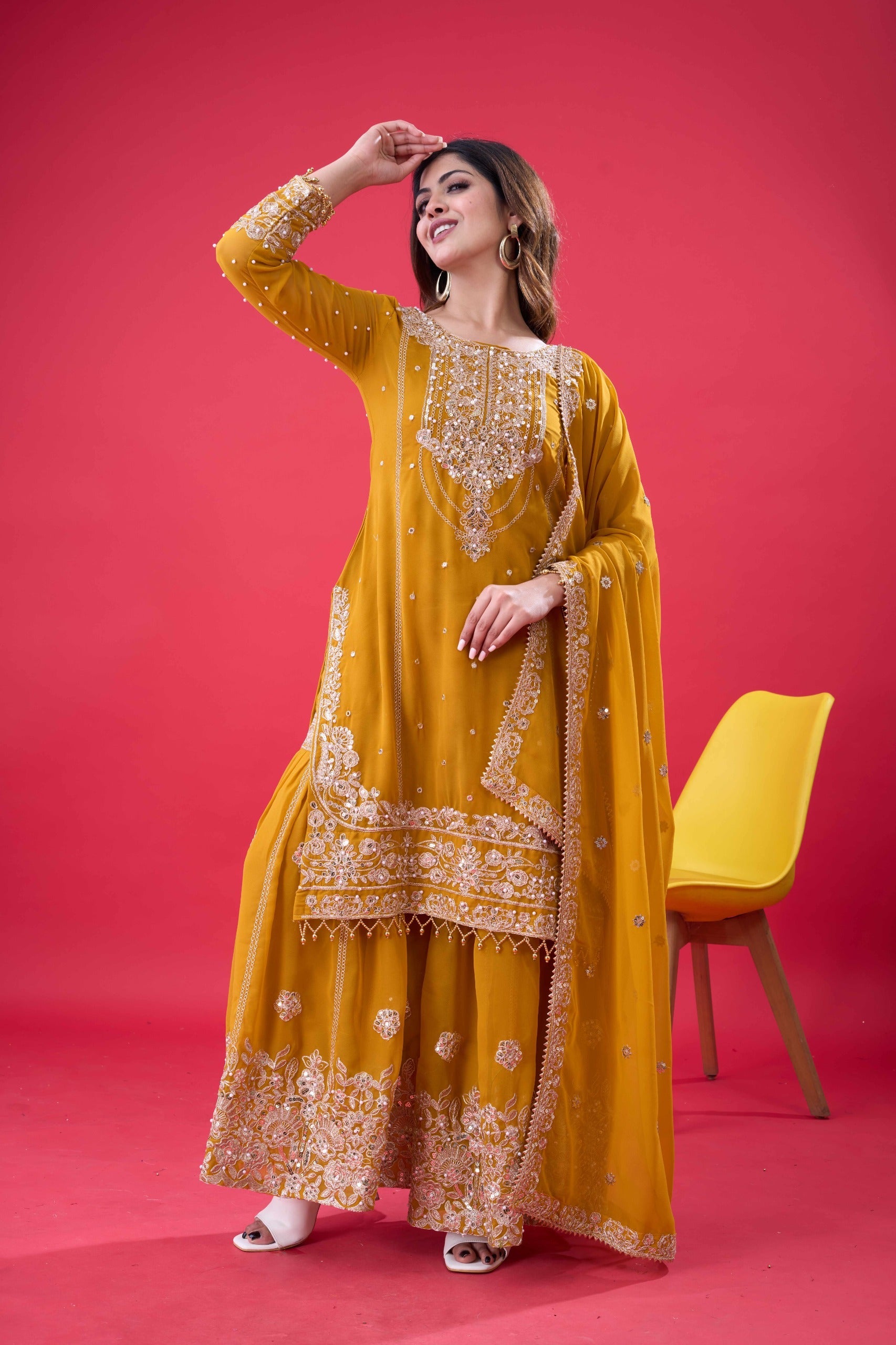 Yellow Georgette Embroidered Palazzo Suit with Moti Work