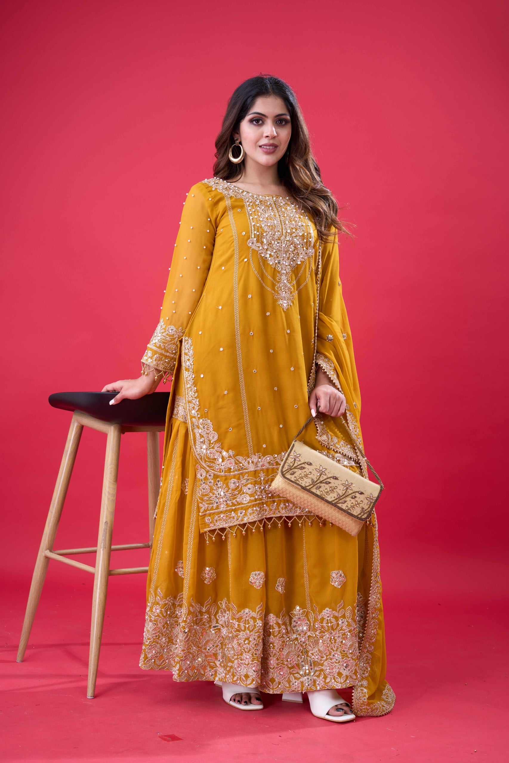Yellow Georgette Embroidered Palazzo Suit with Moti Work