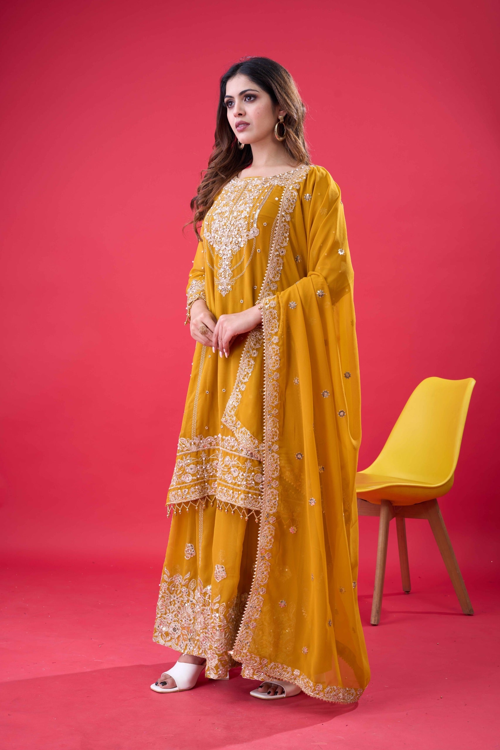 Yellow Georgette Embroidered Palazzo Suit with Moti Work