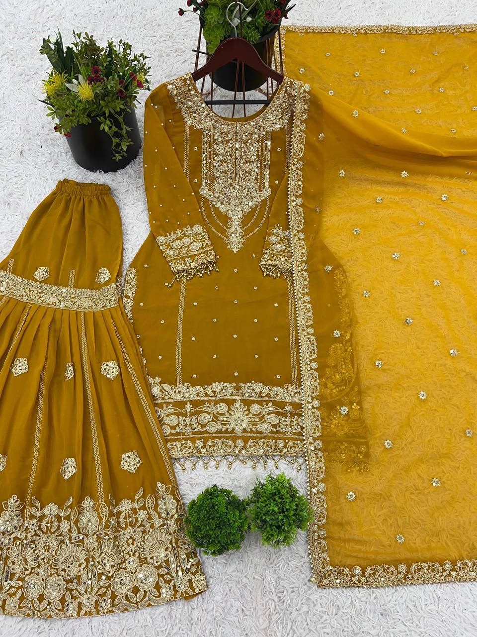Yellow Georgette Embroidered Rivet Moti Work Palazzo Suit Set