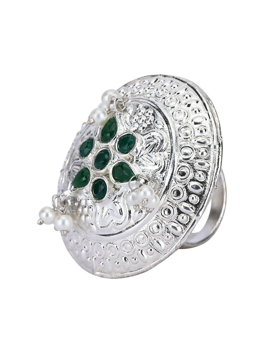 Intricate Silver Tone Green Stone Statement Ring for Women
