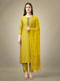 Yellow rayon straight kurta set with detailed embroidery and sequence accents.