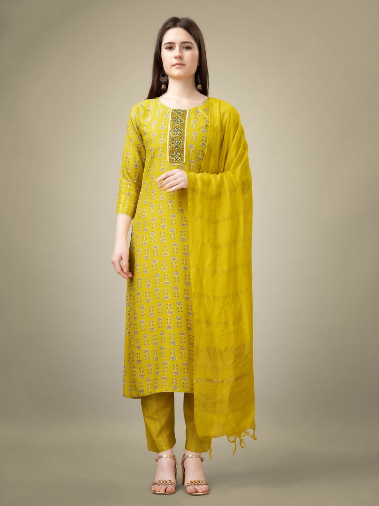 Yellow rayon straight kurta set with detailed embroidery and sequence accents.