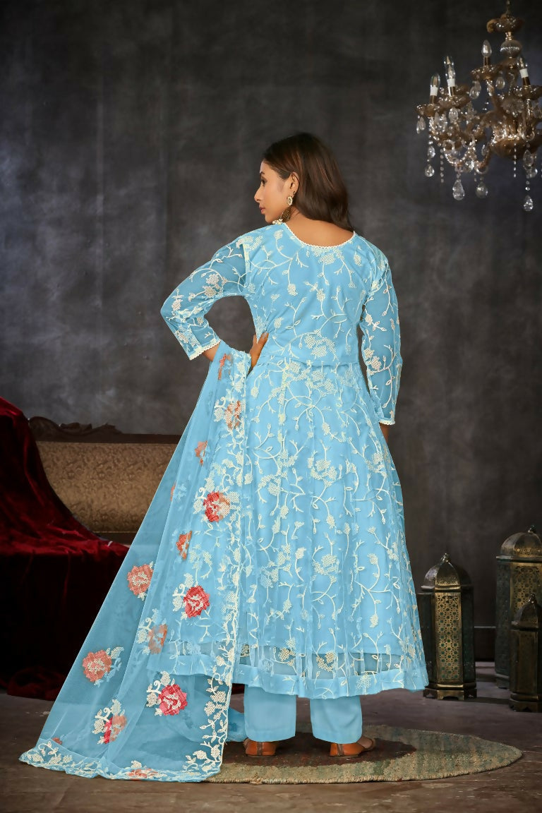 Women's Sky Blue Net Embroidered Anarkali Kurta Pant Set