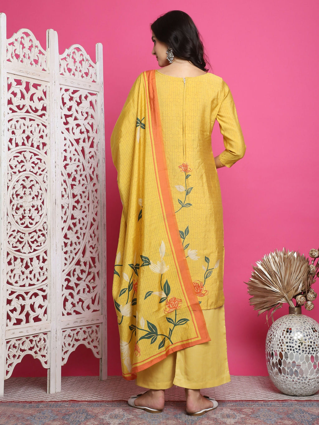 Women's Yellow Muslin Floral Print Straight Kurta Set with Dupatta