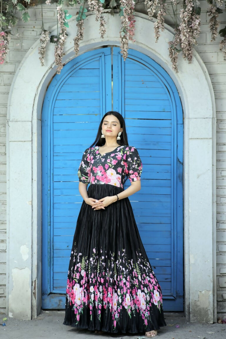 Black Floral Digital Printed Chinon Floor Length Anarkali Dress