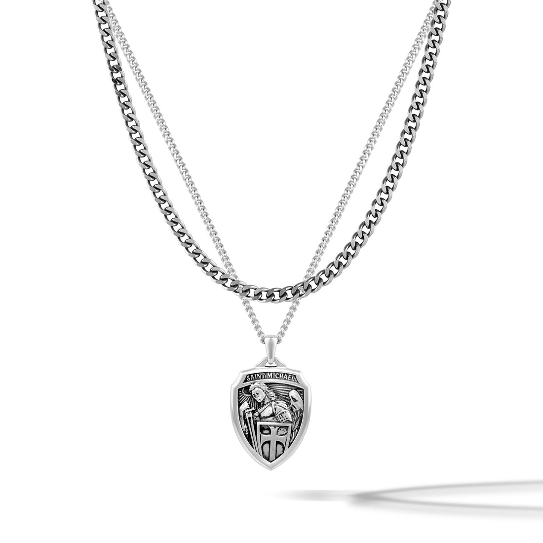 St. Michael shield-shaped pendant on a curb chain, made of 925 sterling silver
