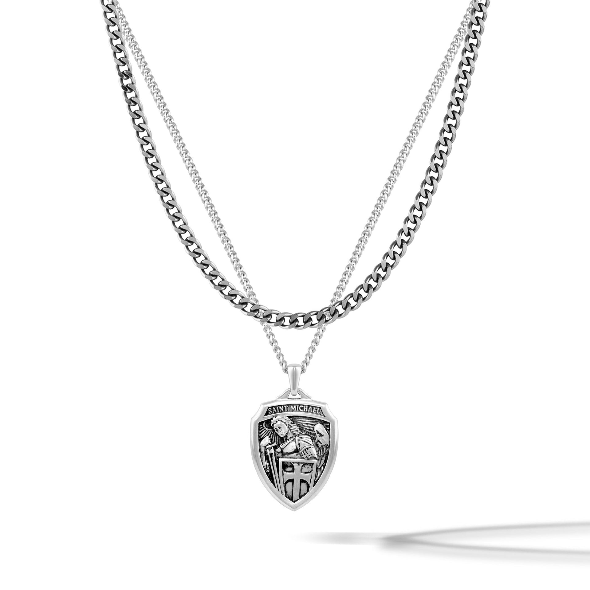 St. Michael shield-shaped pendant on a curb chain, made of 925 sterling silver