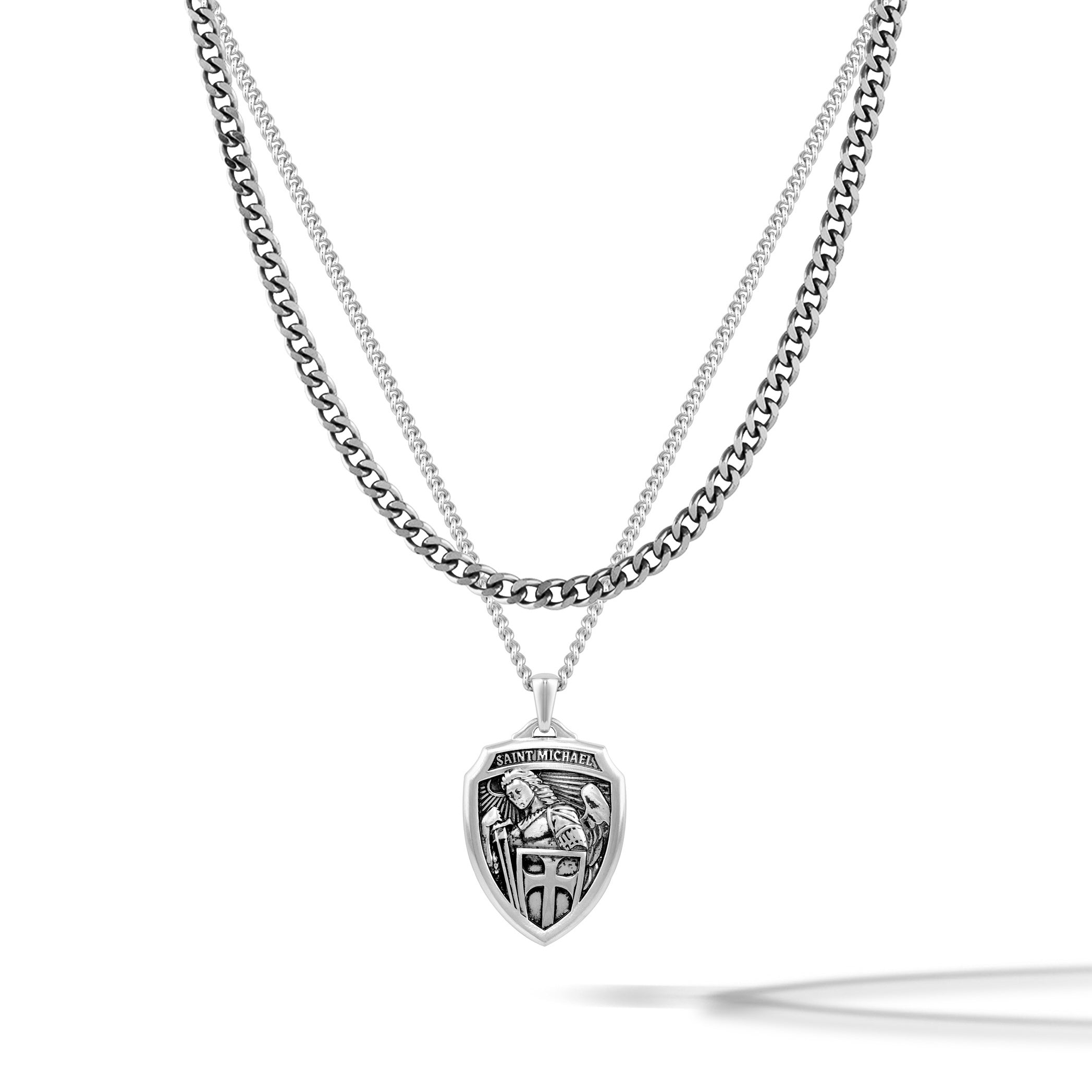 St. Michael shield-shaped pendant on a curb chain, made of 925 sterling silver