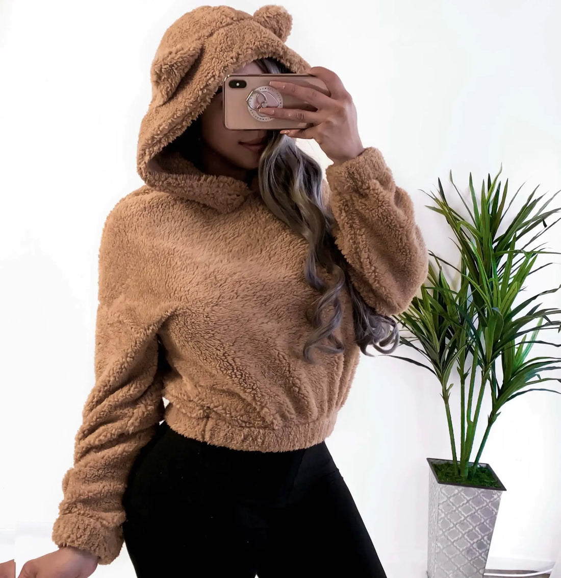 Women's Plush Bear Ear Hoodie Crop Top Long Sleeve Pullover - Image 12