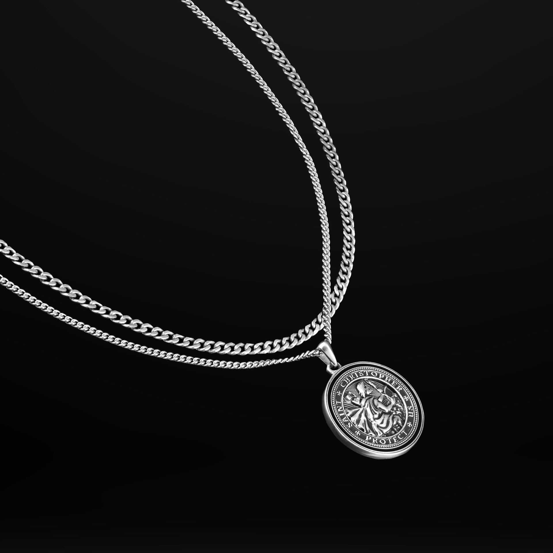 St. Christopher Compass Pendant Necklace Set in Sterling Silver