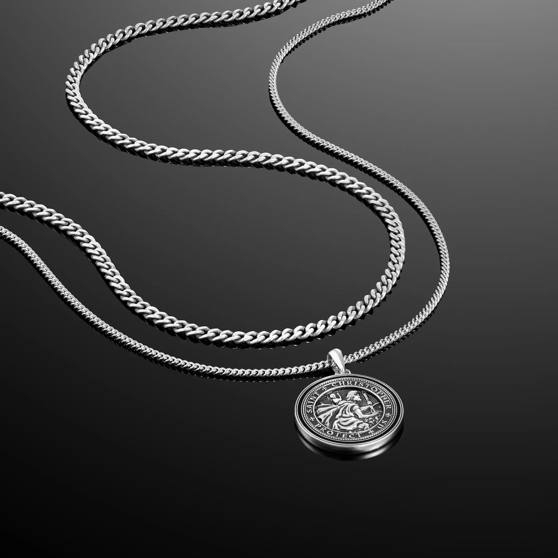 St. Christopher Compass Pendant Necklace Set in Sterling Silver