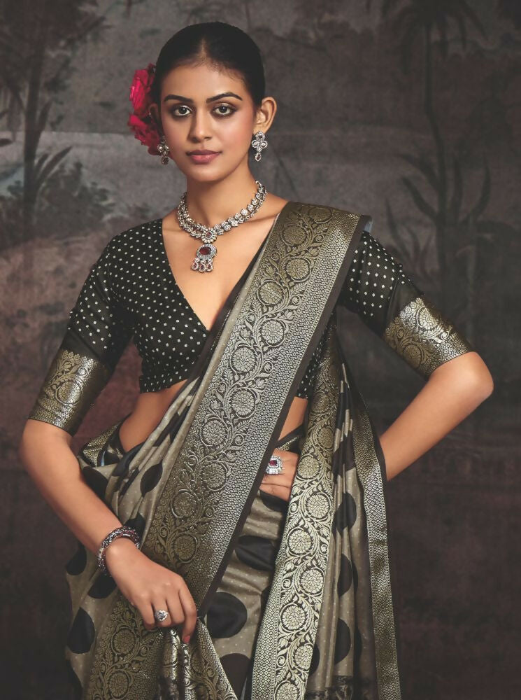 Dark Grey Dola Tussar Silk Saree with Self Jacquard Border