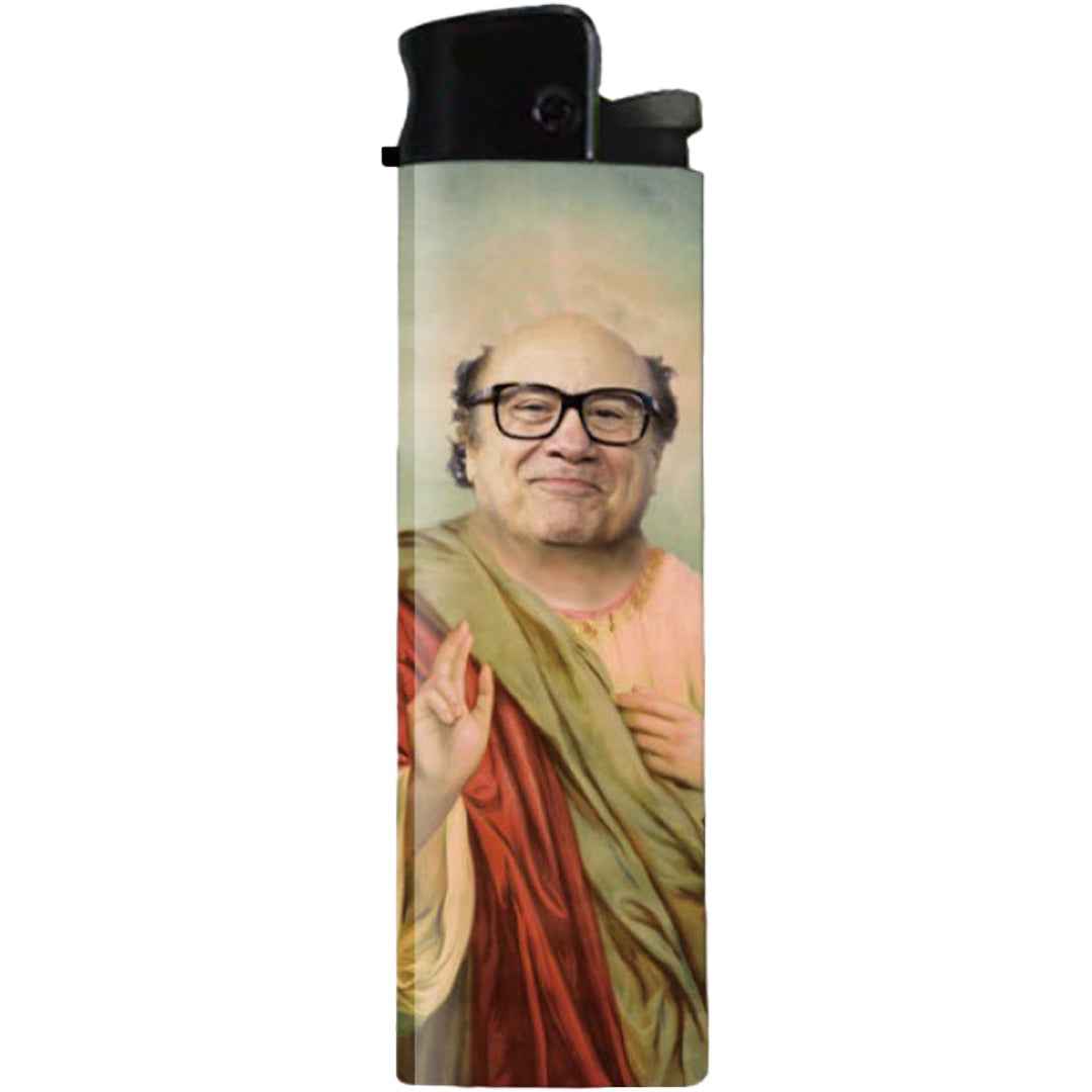 Saint Danny lighter featuring a humorous multi-colored graphic on a black background.