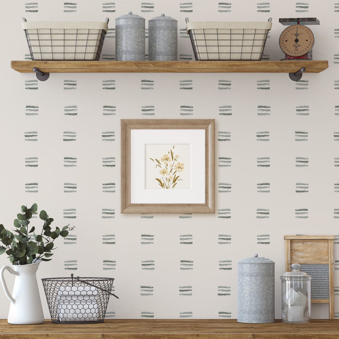 Jasper geometric wallpaper in taupe and off-white on a minimalist accent wall