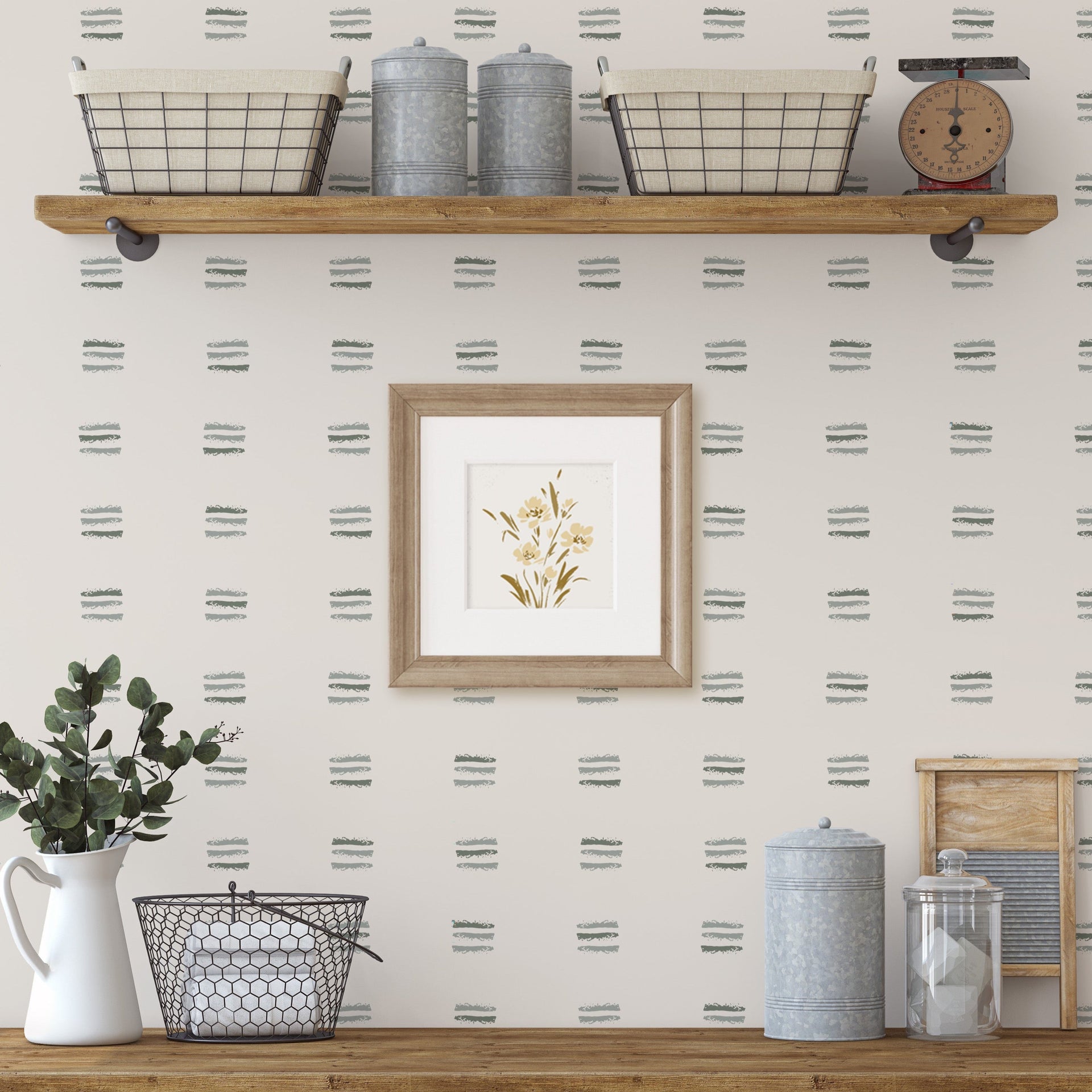 Jasper geometric wallpaper in taupe and off-white on a minimalist accent wall