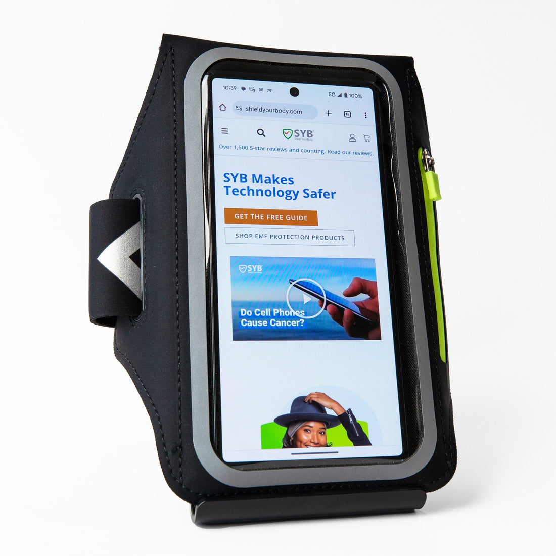Black EMF protection arm band phone pouch featuring reflective trim and a secure smartphone compartment.