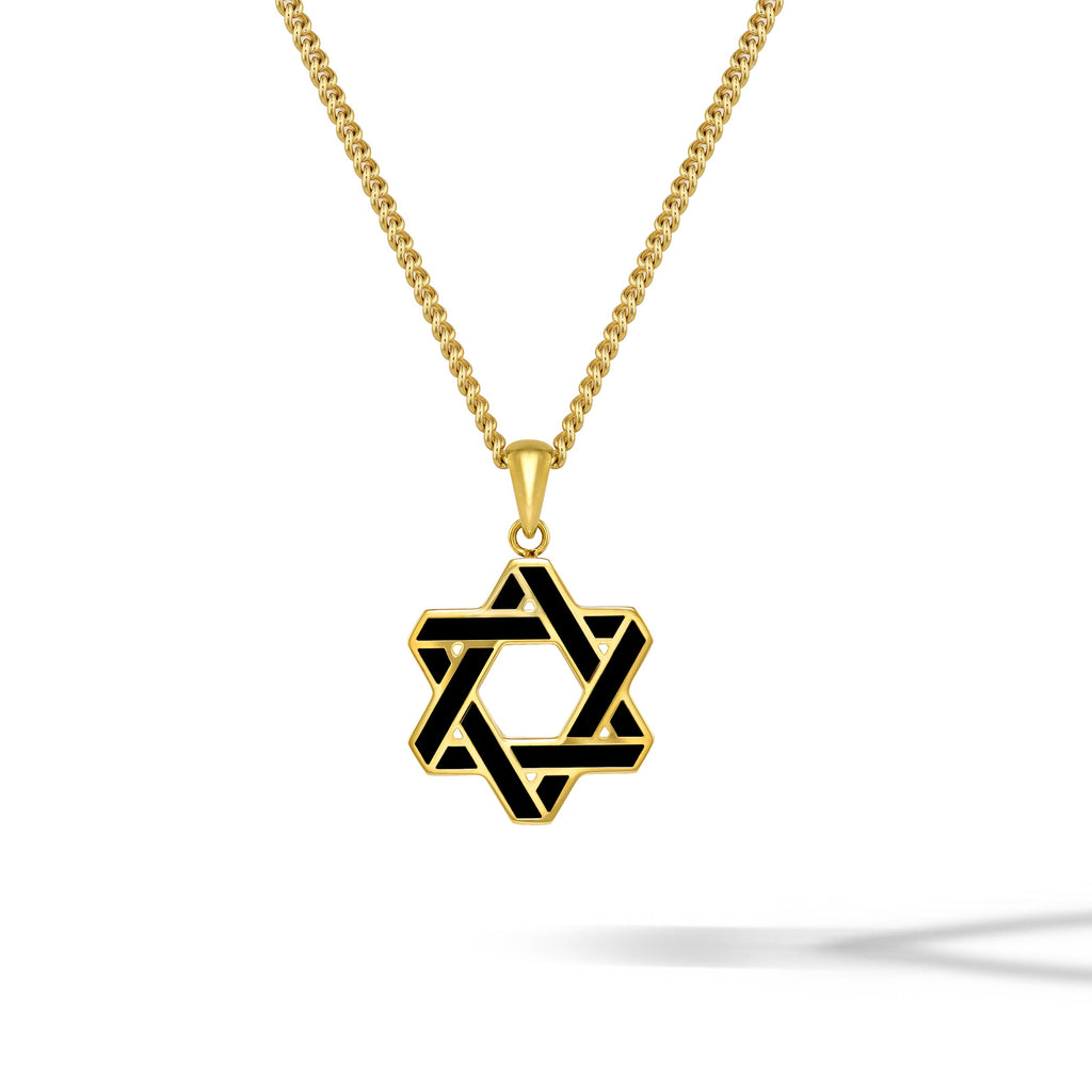 14K Gold Star of David pendant featuring a black onyx center stone.