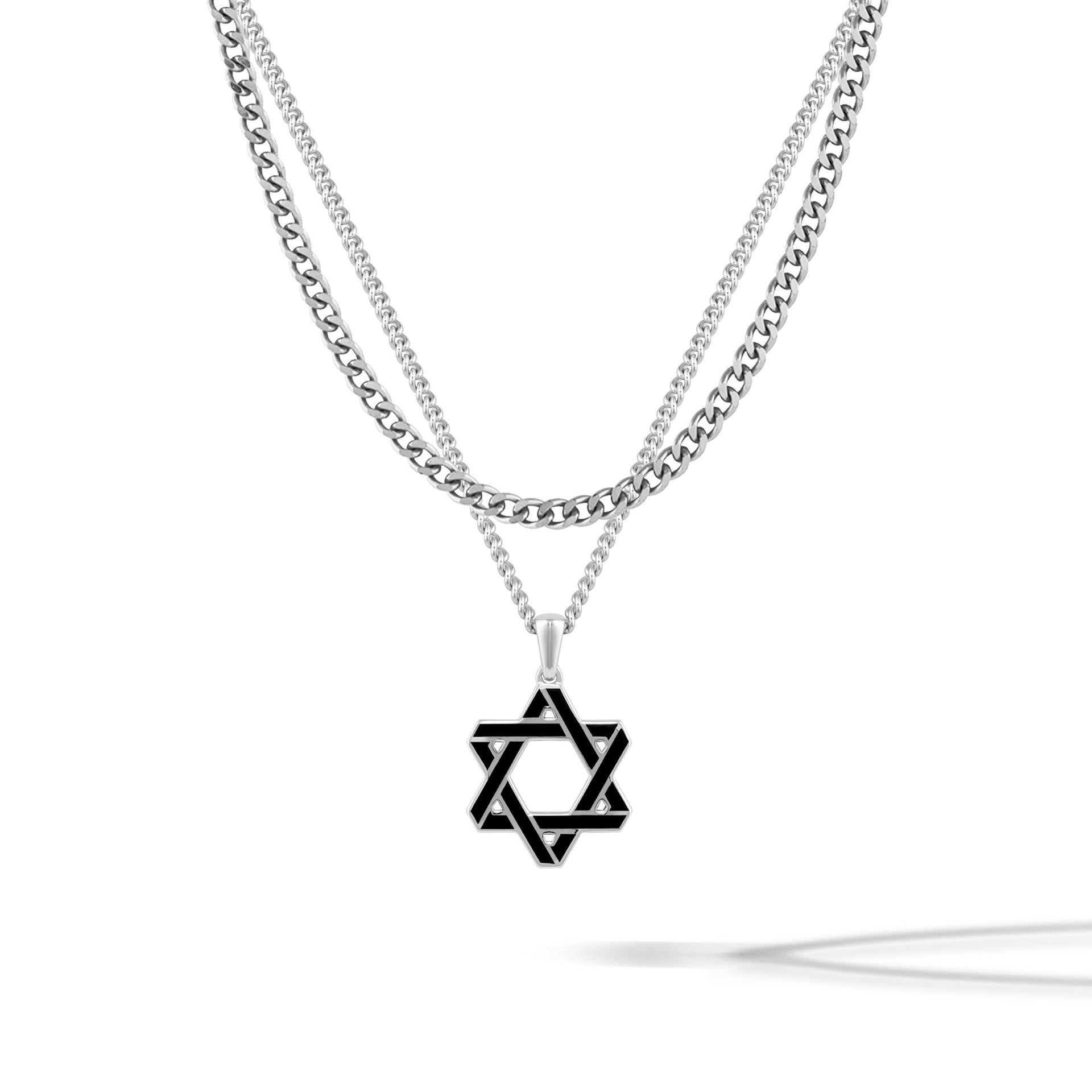 Compass Star of David pendant with black onyx detail on a sterling silver curb chain
