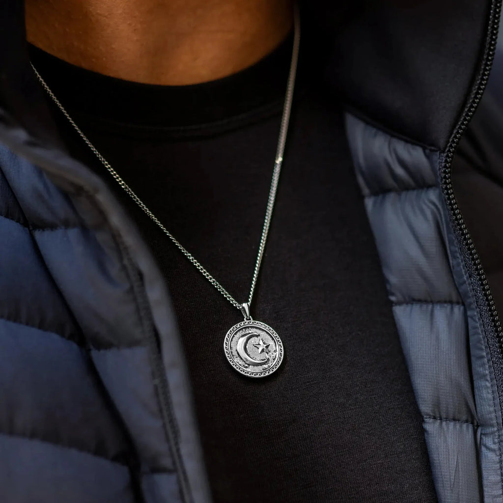 Star & Crescent Amulet Pendant in Solid Sterling Silver